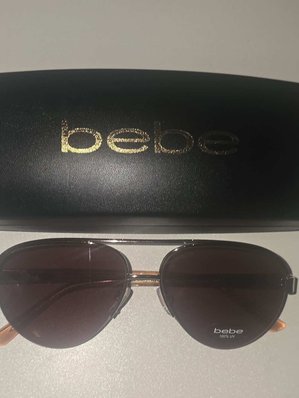 New bebe Aviator Sunglasses Gold Glitter Metal Frame Tortoise Brown Tinted